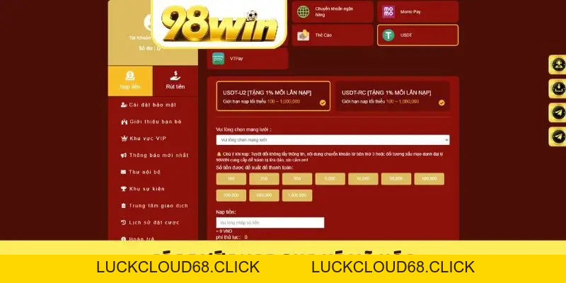Nạp Tiền 98WIN Trong 2 Phút Qua Ngân Hàng, USDT, Thẻ Cào