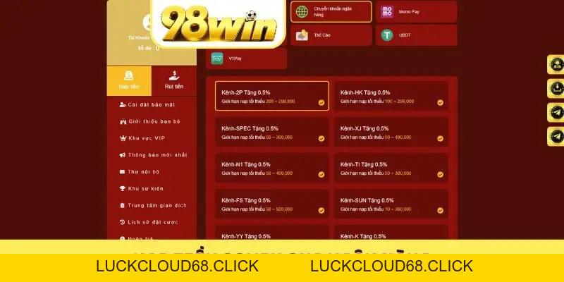 Nạp Tiền 98WIN Trong 2 Phút Qua Ngân Hàng, USDT, Thẻ Cào